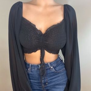 Black Sheer Shirring Tie up crop top